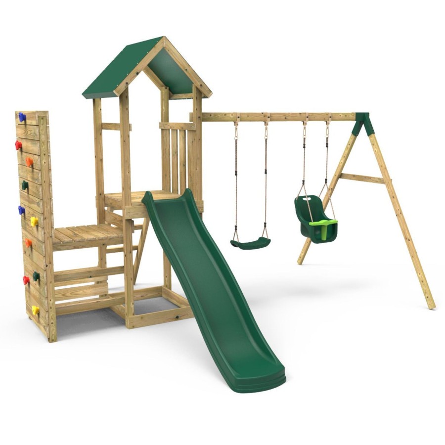 Climbing Frames OutdoorToys Climbing Frames With Rock Walls | Rebo Wooden Climbing Frame With Vertical Rock Wall, Swing Set And Slide - Rainier+