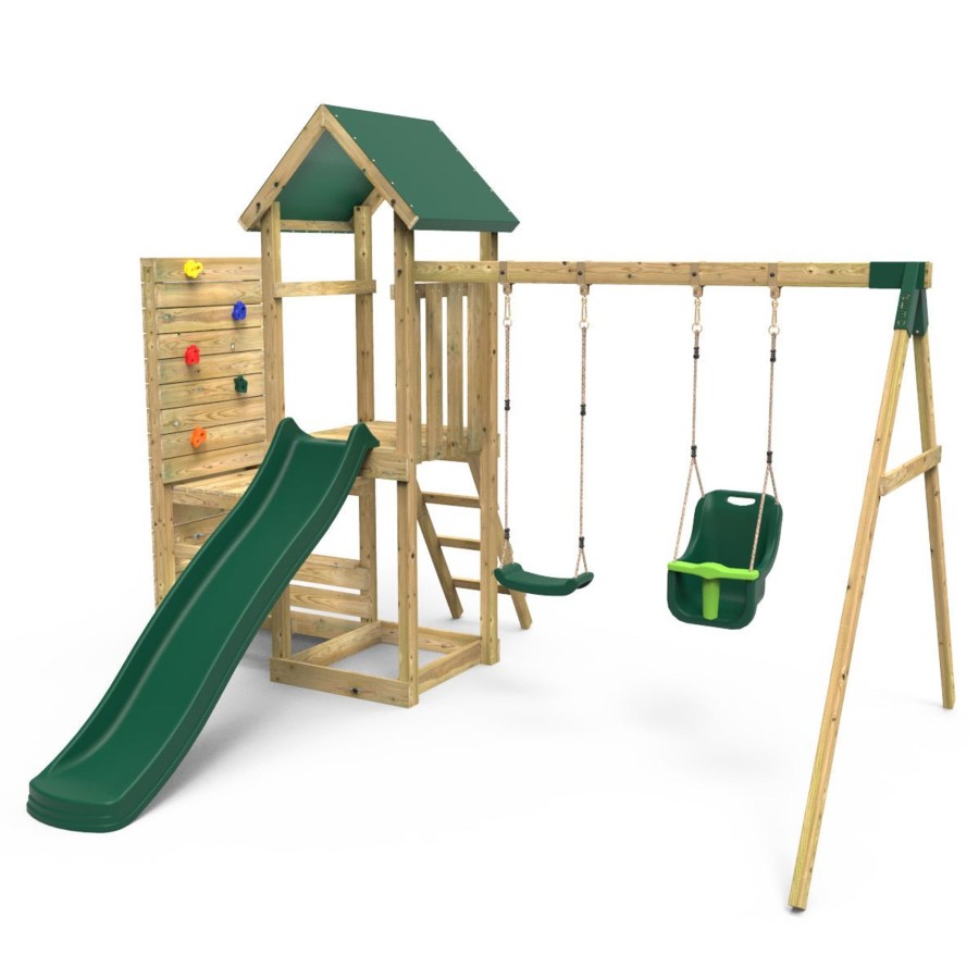 Climbing Frames OutdoorToys Climbing Frames With Rock Walls | Rebo Wooden Climbing Frame With Vertical Rock Wall, Swing Set And Slide - Rainier+