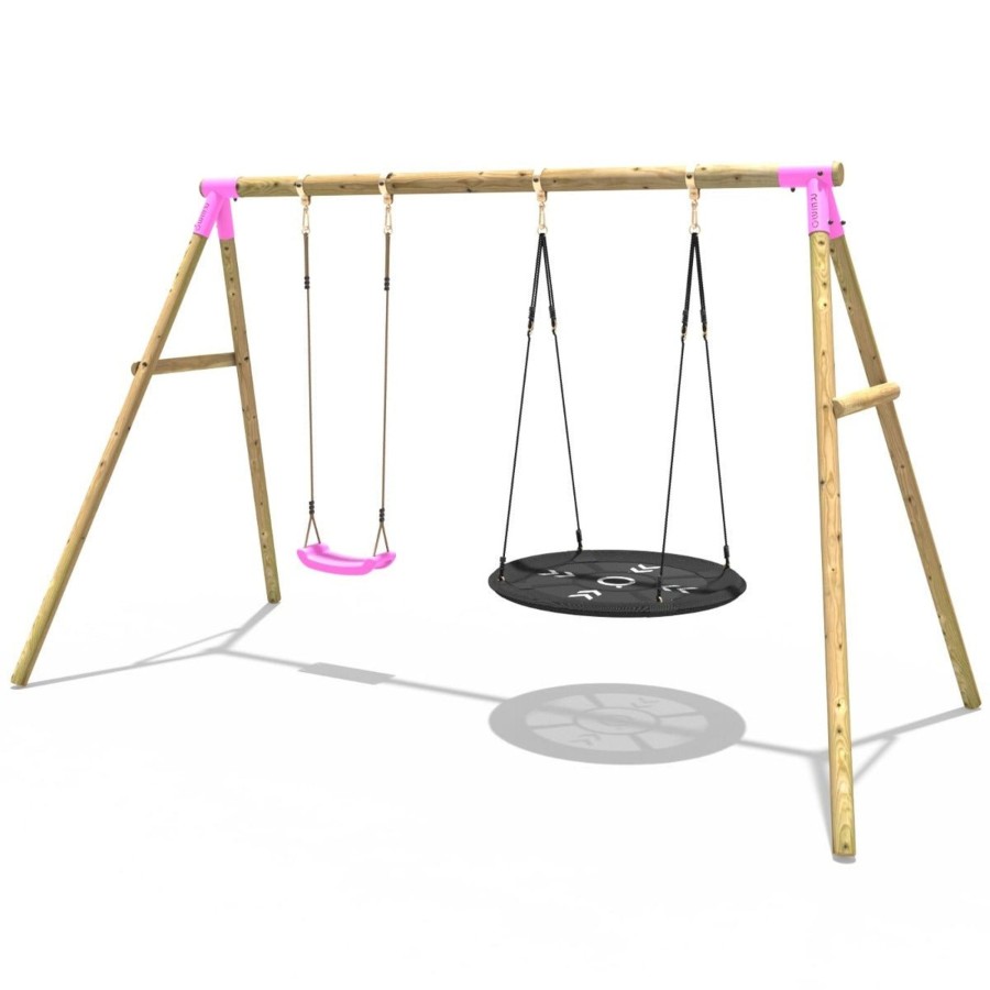 Swings OutdoorToys Wooden Swings | Rebo Wooden Garden Double Swing Set - Round Net + Standard Seat - Meteorite Pink