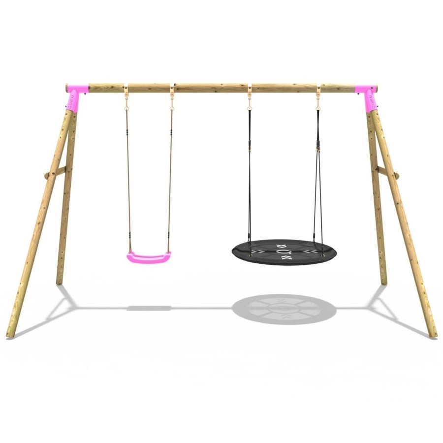 Swings OutdoorToys Wooden Swings | Rebo Wooden Garden Double Swing Set - Round Net + Standard Seat - Meteorite Pink