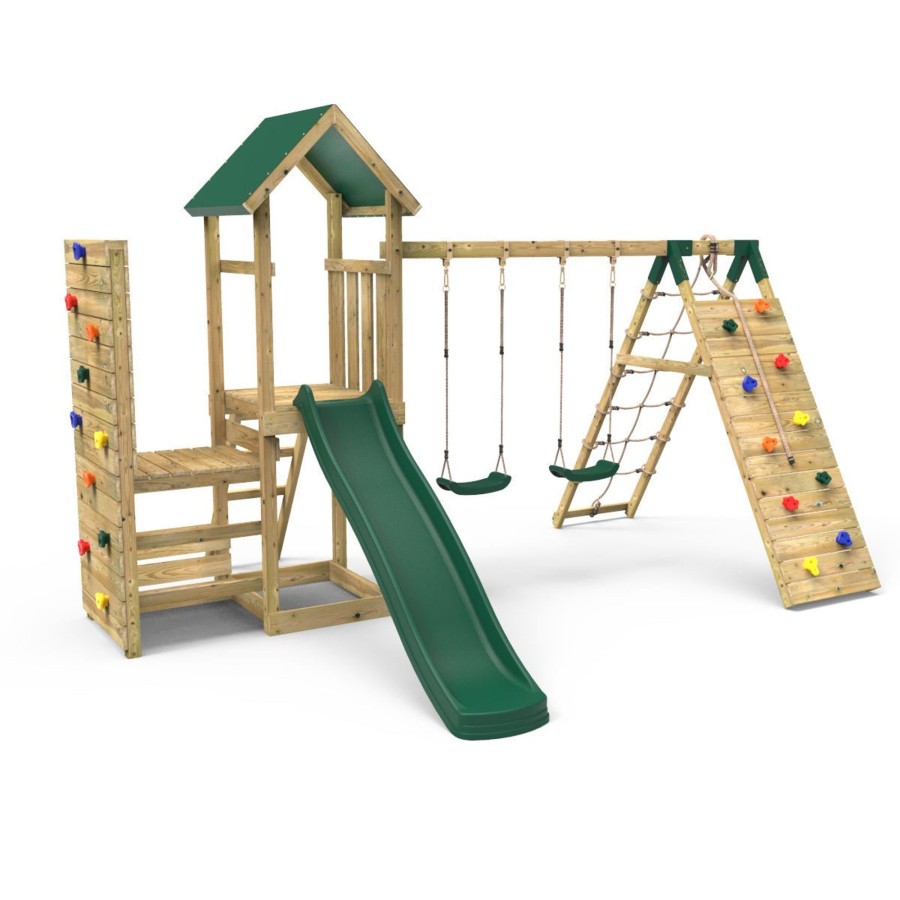 Climbing Frames OutdoorToys Climbing Frames With Rock Walls | Rebo Wooden Climbing Frame With Vertical Rock Wall, Swing Set And Slide - Greenhorn+