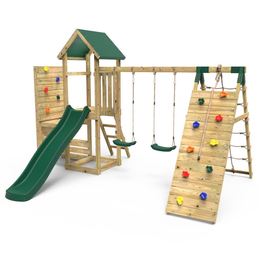 Climbing Frames OutdoorToys Climbing Frames With Rock Walls | Rebo Wooden Climbing Frame With Vertical Rock Wall, Swing Set And Slide - Greenhorn+