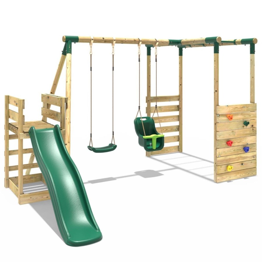 Swings OutdoorToys Wooden Swings | Rebo Wooden Swing Set With Monkey Bars Plus Deck & 6Ft Slide - Luna Green