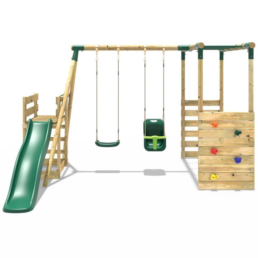 Swings OutdoorToys Wooden Swings | Rebo Wooden Swing Set With Monkey Bars Plus Deck & 6Ft Slide - Luna Green