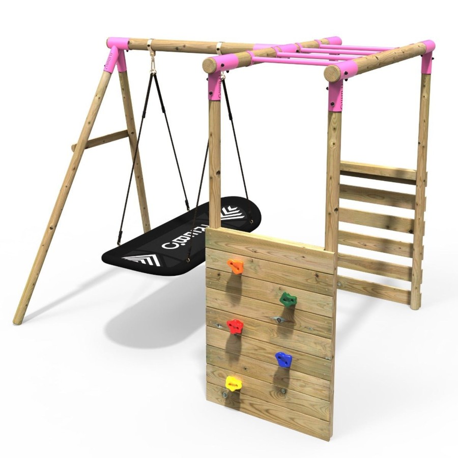 Swings OutdoorToys Wooden Swings | Rebo Wooden Garden Swing Set With Monkey Bars - Boat Pink