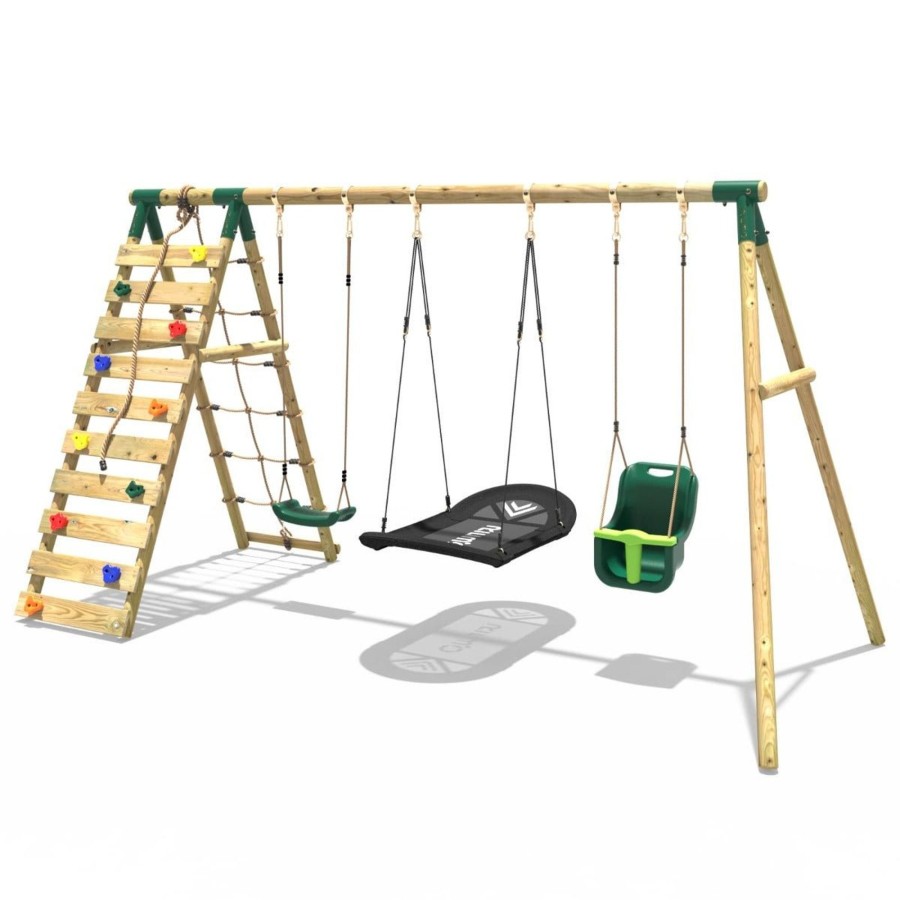 Swings OutdoorToys Wooden Swings | Rebo Wooden Swing Set With Up And Over Climbing Wall - Skye Green