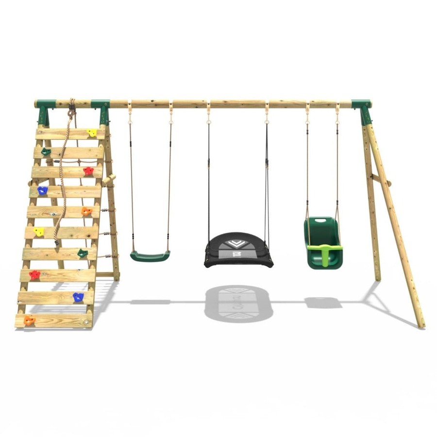 Swings OutdoorToys Wooden Swings | Rebo Wooden Swing Set With Up And Over Climbing Wall - Skye Green