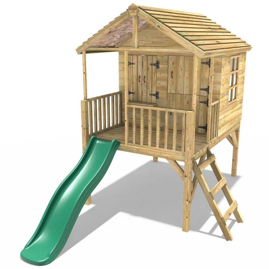 Playhouses OutdoorToys Playhouses With Slides | Rebo 5Ft X 5Ft Childrens Wooden Garden Playhouse On Deck With 6Ft Slide - Falcon Green