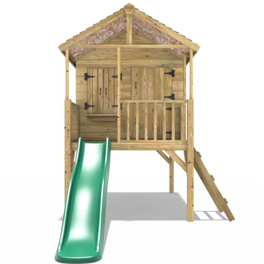 Playhouses OutdoorToys Playhouses With Slides | Rebo 5Ft X 5Ft Childrens Wooden Garden Playhouse On Deck With 6Ft Slide - Falcon Green