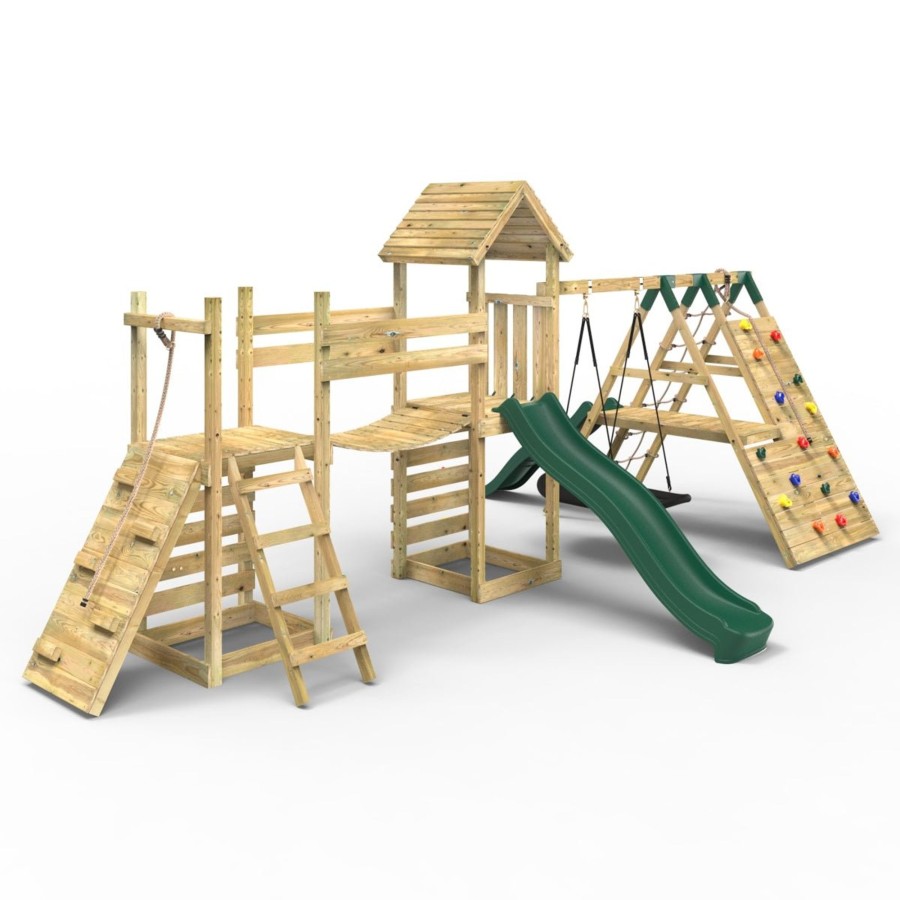 Climbing Frames OutdoorToys Climbing Frames With Rock Walls | Rebo Double Tower Climbing Frame With Flexible Bridge, Swing & Slide - Crestone