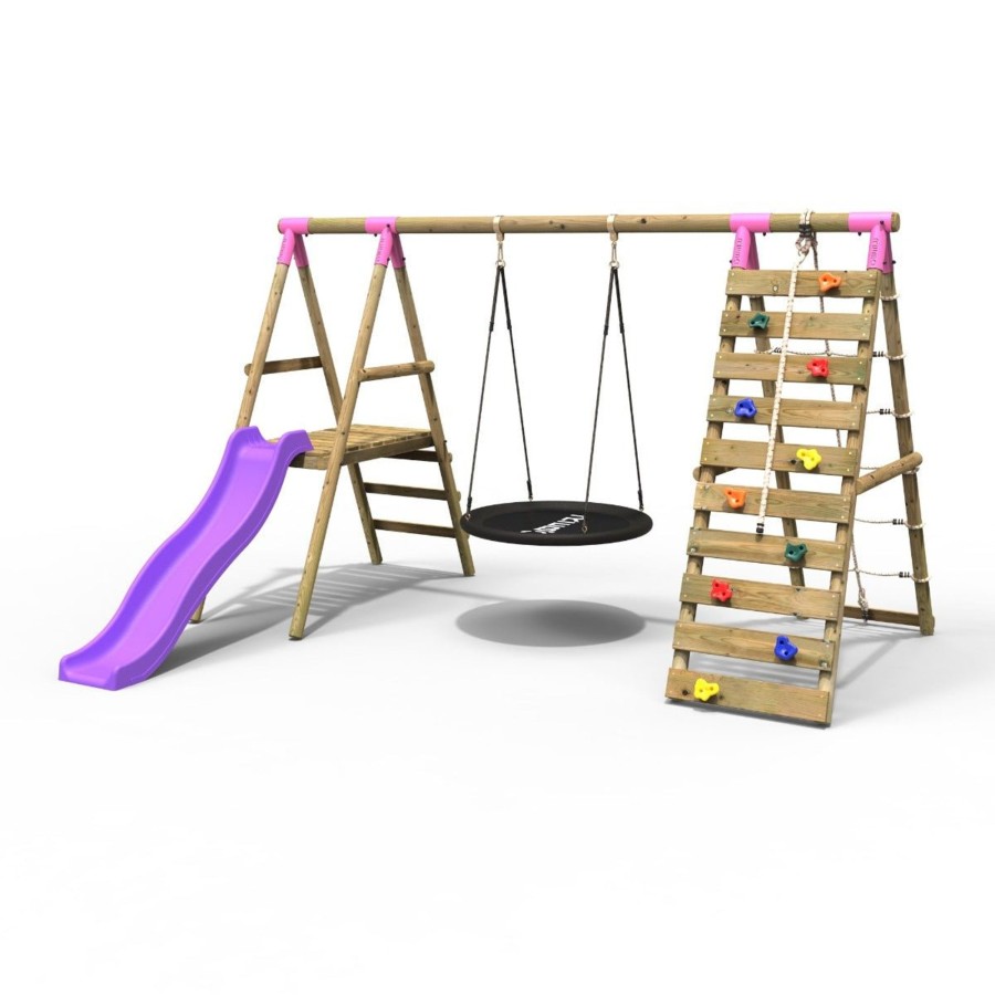 Swings OutdoorToys Wooden Swings | Rebo Wooden Swing Set With Deck And Slide Plus Up And Over Climbing Wall - Pyrite Pink