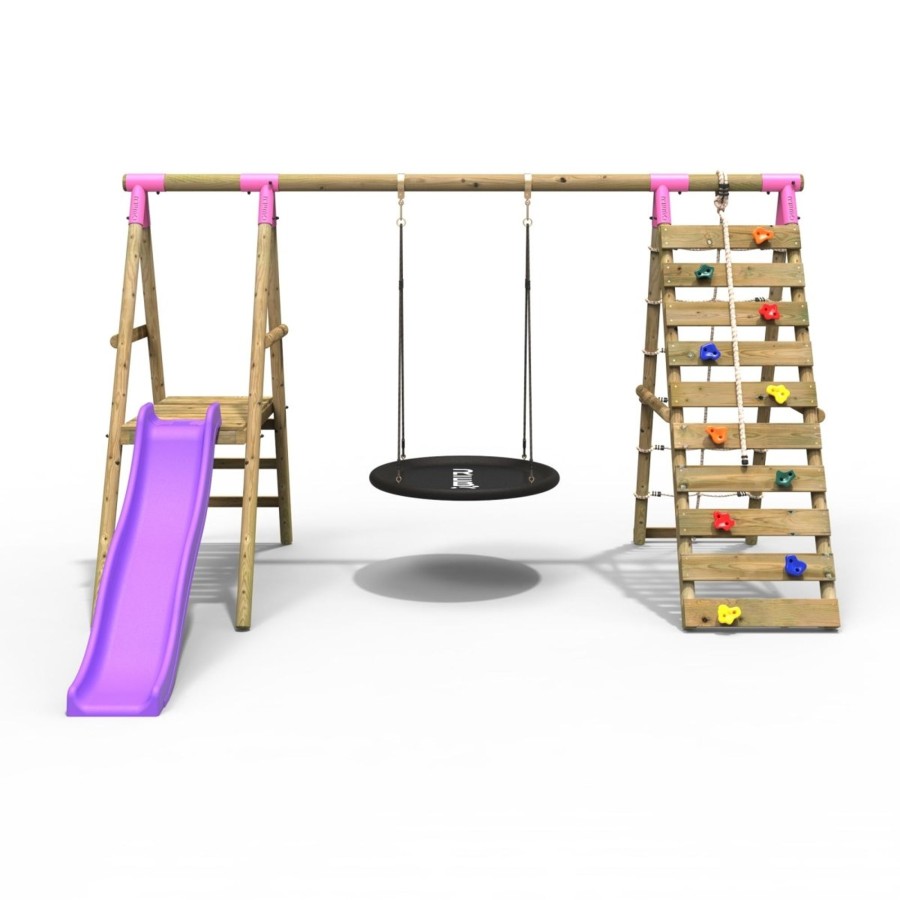 Swings OutdoorToys Wooden Swings | Rebo Wooden Swing Set With Deck And Slide Plus Up And Over Climbing Wall - Pyrite Pink