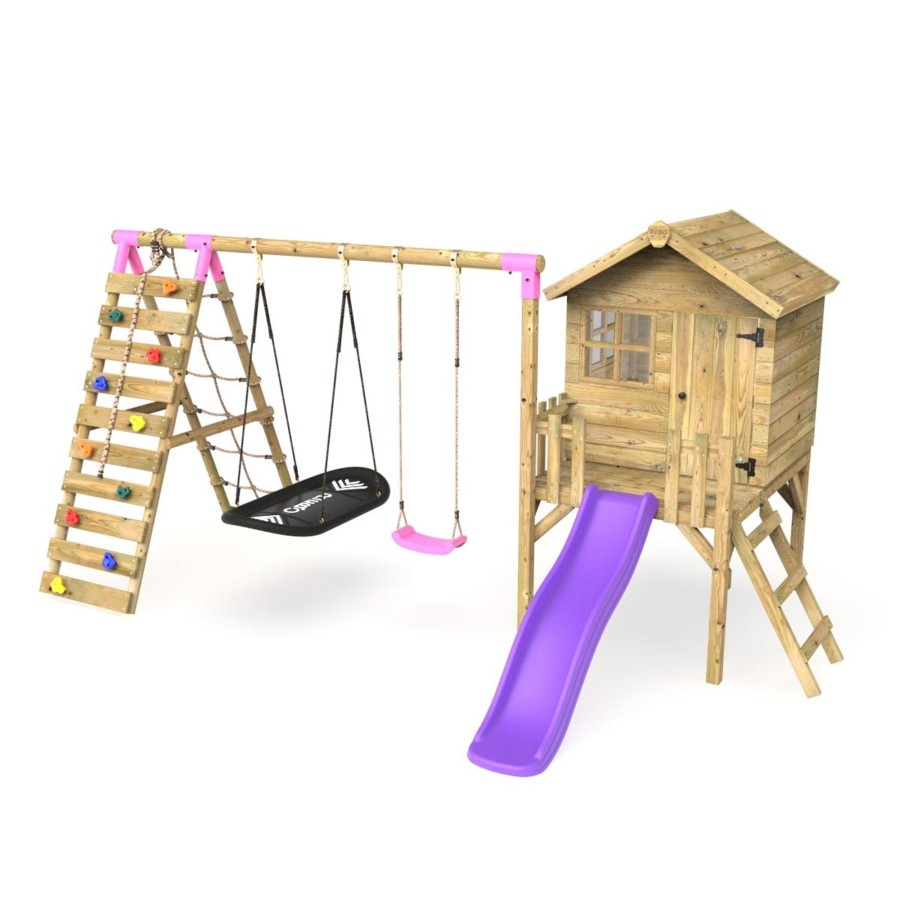 Playhouses OutdoorToys Playhouses With Slides And Swings | Rebo Orchard 4Ft Wooden Playhouse + Swings, Rock Wall, Deck & 6Ft Slide Sage Purple