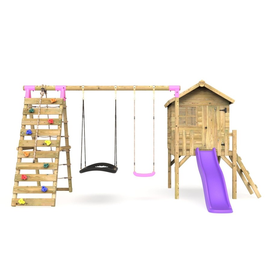 Playhouses OutdoorToys Playhouses With Slides And Swings | Rebo Orchard 4Ft Wooden Playhouse + Swings, Rock Wall, Deck & 6Ft Slide Sage Purple