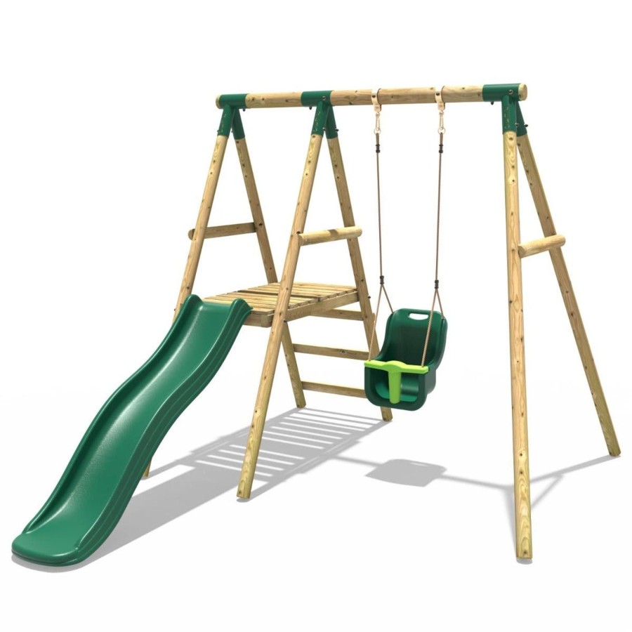 Swings OutdoorToys Swings & Slide Sets | Rebo Cassini Wooden Swing Set With Platform And Slide