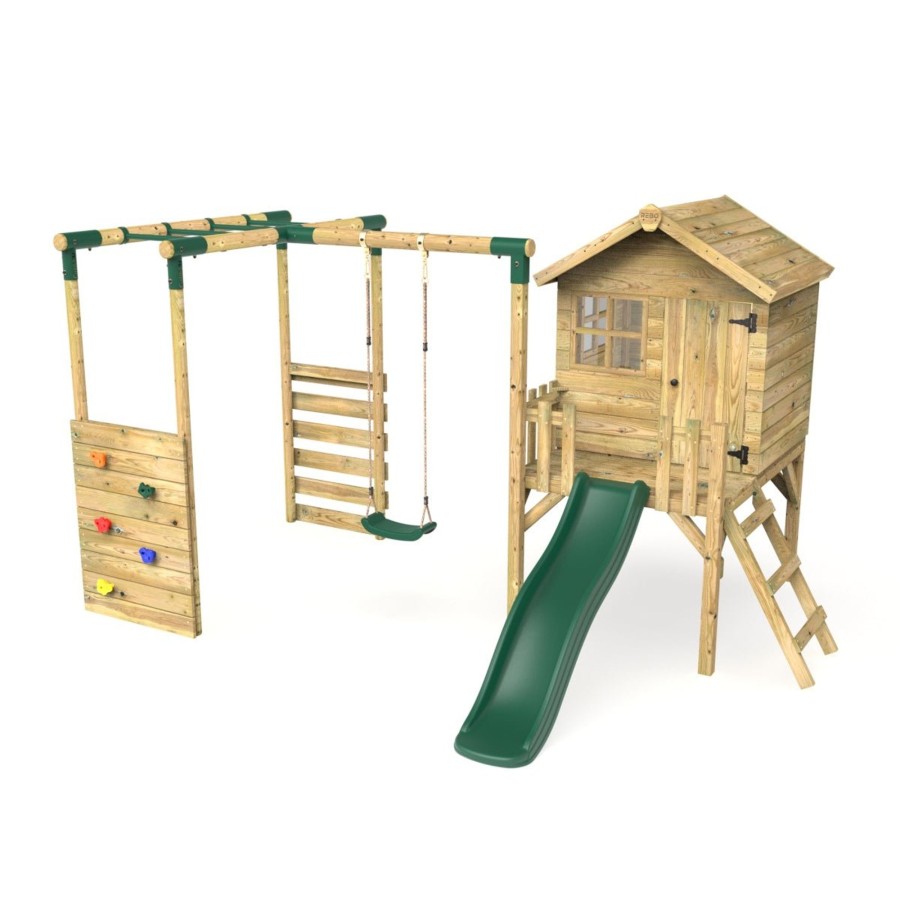 Playhouses OutdoorToys Playhouse With MonOnline Bars | Rebo Orchard 4Ft Wooden Playhouse, Swings, Monkey Bars, Deck & 6Ft Slide Solar Green