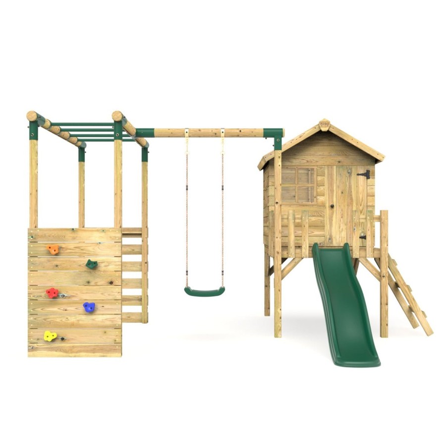 Playhouses OutdoorToys Playhouse With MonOnline Bars | Rebo Orchard 4Ft Wooden Playhouse, Swings, Monkey Bars, Deck & 6Ft Slide Solar Green