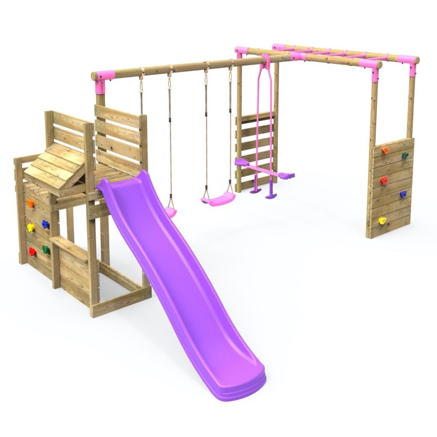 Swings OutdoorToys Wooden Swings | Rebo Wooden Swing Set Plus Deluxe Deck, 8Ft Slide & Monkey Bars - Neptune Pink