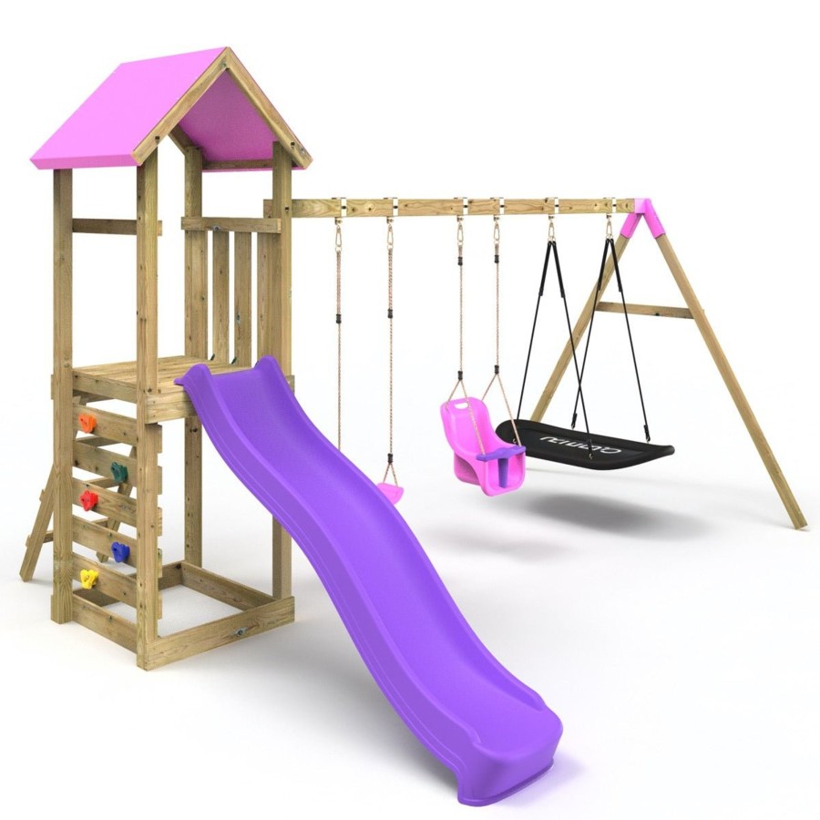 Climbing Frames OutdoorToys Climbing Frames With Rock Walls | Rebo Adventure Wooden Climbing Frame, Swing Set And Slide - Snowdon Pink