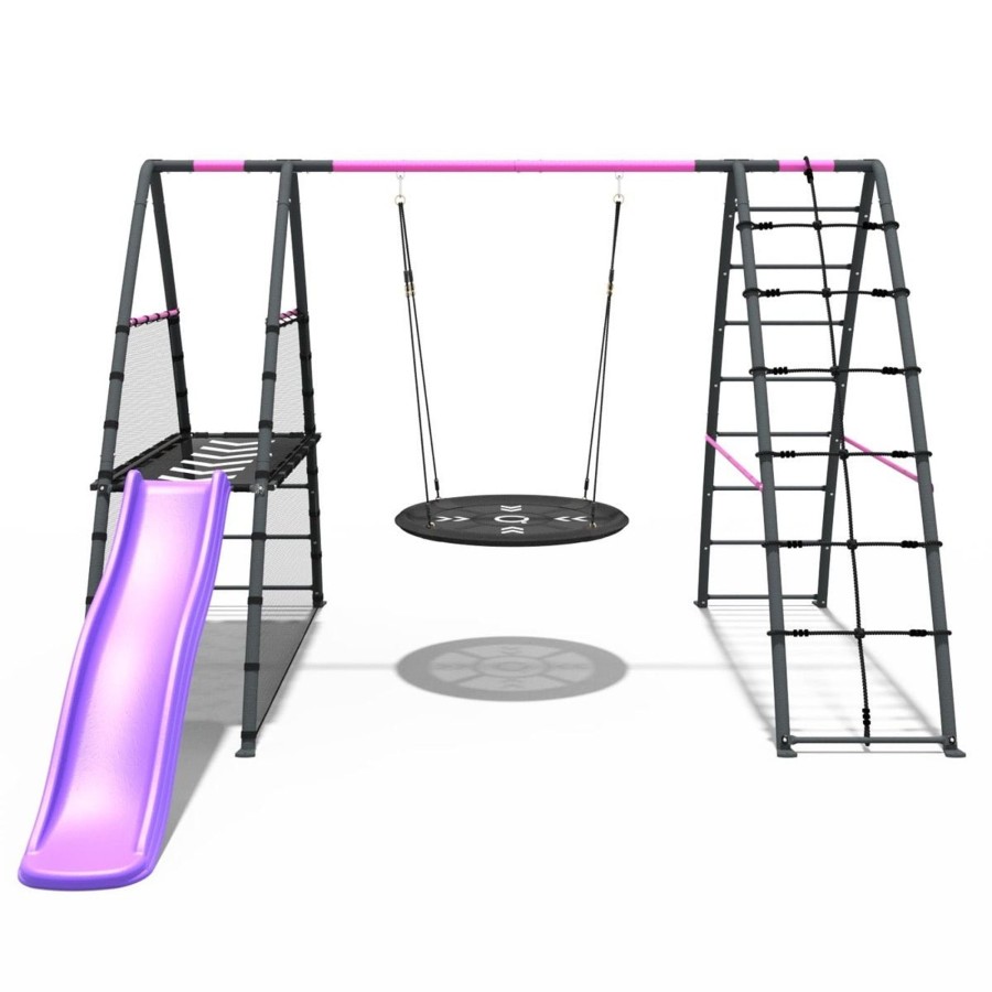 Swings OutdoorToys Metal Swing Sets | Rebo Steel Series Metal Swing Set + Up And Over Wall & 6Ft Slide - Nest Pink