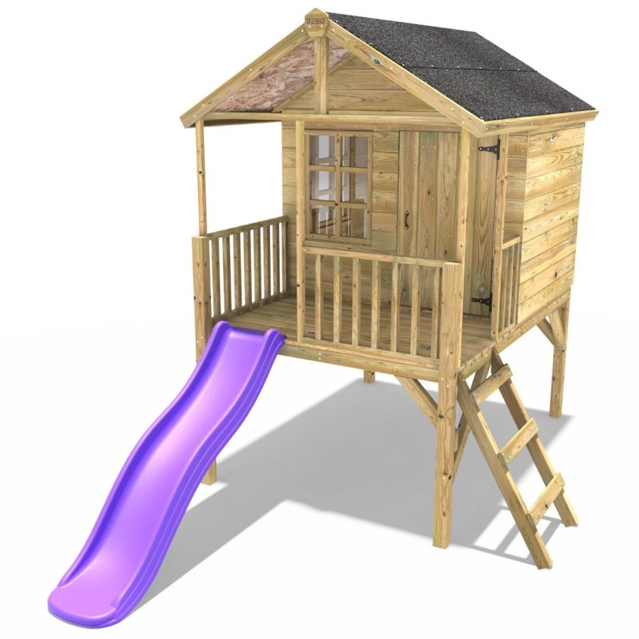 Playhouses OutdoorToys Playhouses With Slides | Rebo 5Ft X 5Ft Childrens Wooden Garden Playhouse On Deck With 6Ft Slide - Partridge Purple