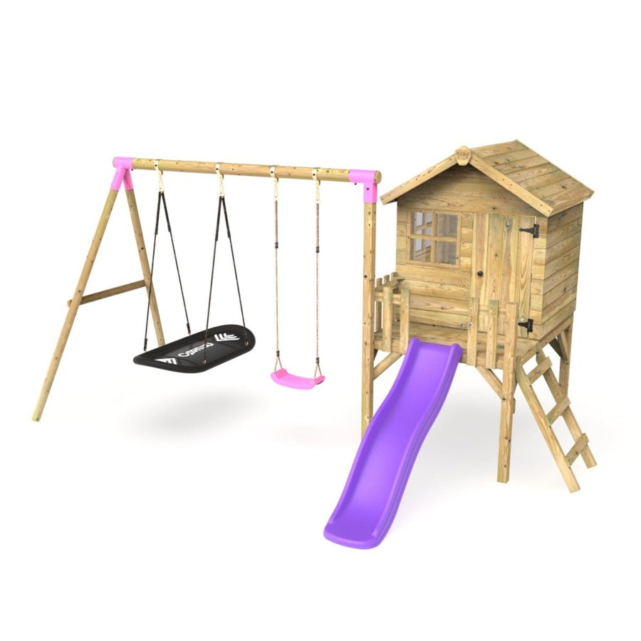 Playhouses OutdoorToys Playhouses With Slides And Swings | Rebo Orchard 4Ft X 4Ft Wooden Playhouse + Swings, 900Mm Deck & 6Ft Slide - Sage Purple