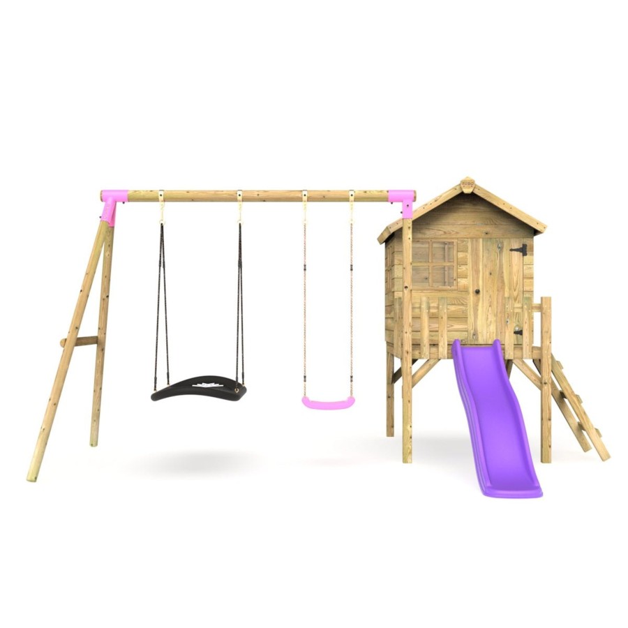 Playhouses OutdoorToys Playhouses With Slides And Swings | Rebo Orchard 4Ft X 4Ft Wooden Playhouse + Swings, 900Mm Deck & 6Ft Slide - Sage Purple