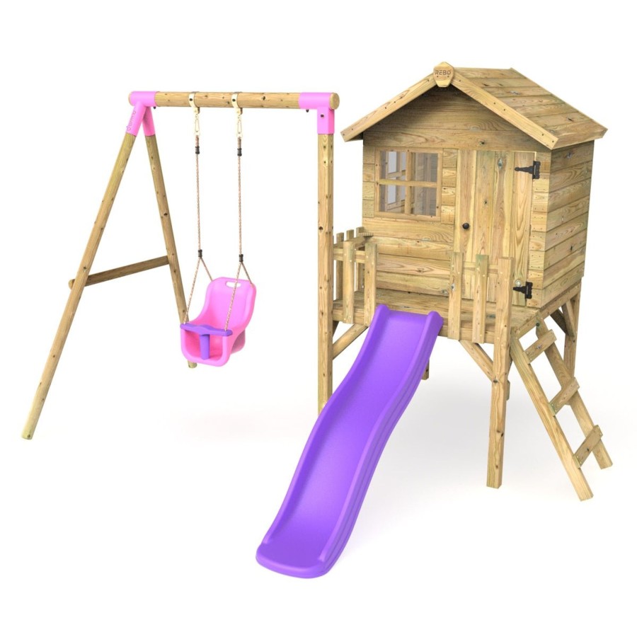 Playhouses OutdoorToys Playhouses With Slides And Swings | Rebo Orchard 4Ft X 4Ft Wooden Playhouse + Swings, 900Mm Deck & 6Ft Slide - Pluto Purple