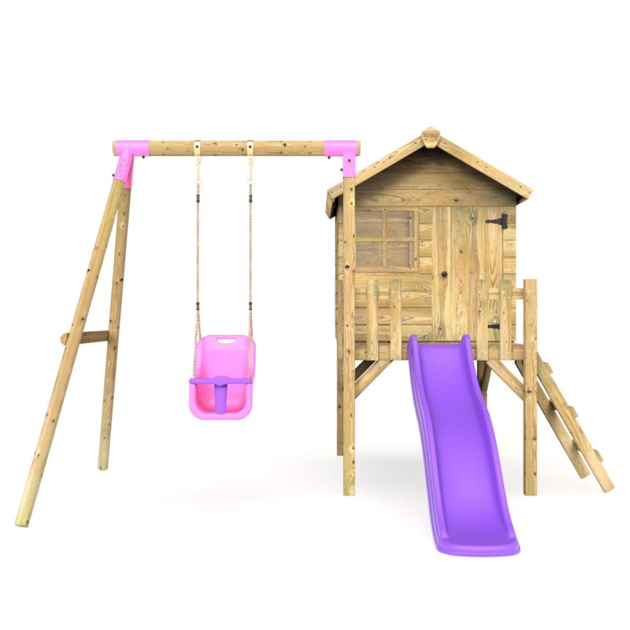 Playhouses OutdoorToys Playhouses With Slides And Swings | Rebo Orchard 4Ft X 4Ft Wooden Playhouse + Swings, 900Mm Deck & 6Ft Slide - Pluto Purple