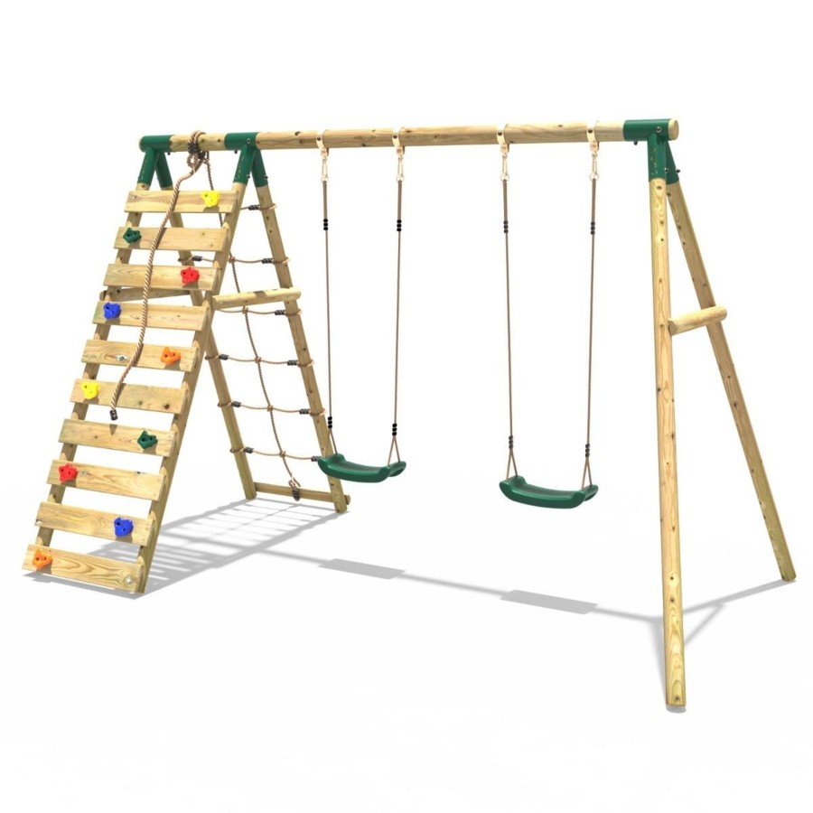 Swings OutdoorToys Wooden Swings | Rebo Wooden Swing Set With Up And Over Climbing Wall - Ela Green