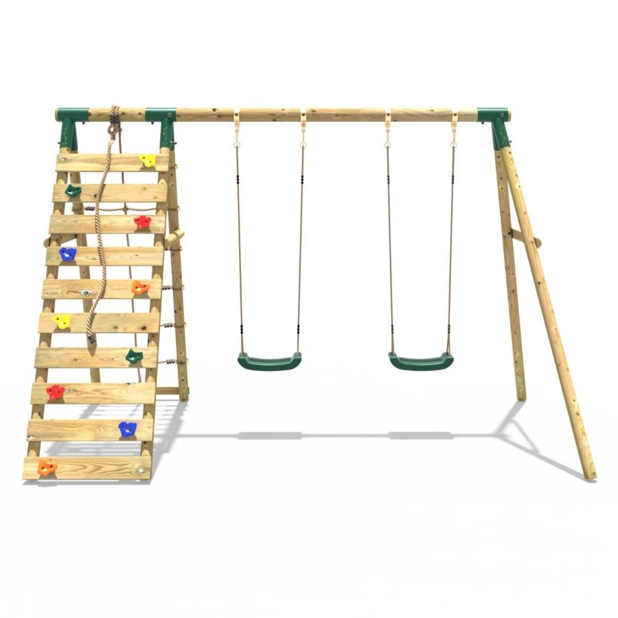 Swings OutdoorToys Wooden Swings | Rebo Wooden Swing Set With Up And Over Climbing Wall - Ela Green