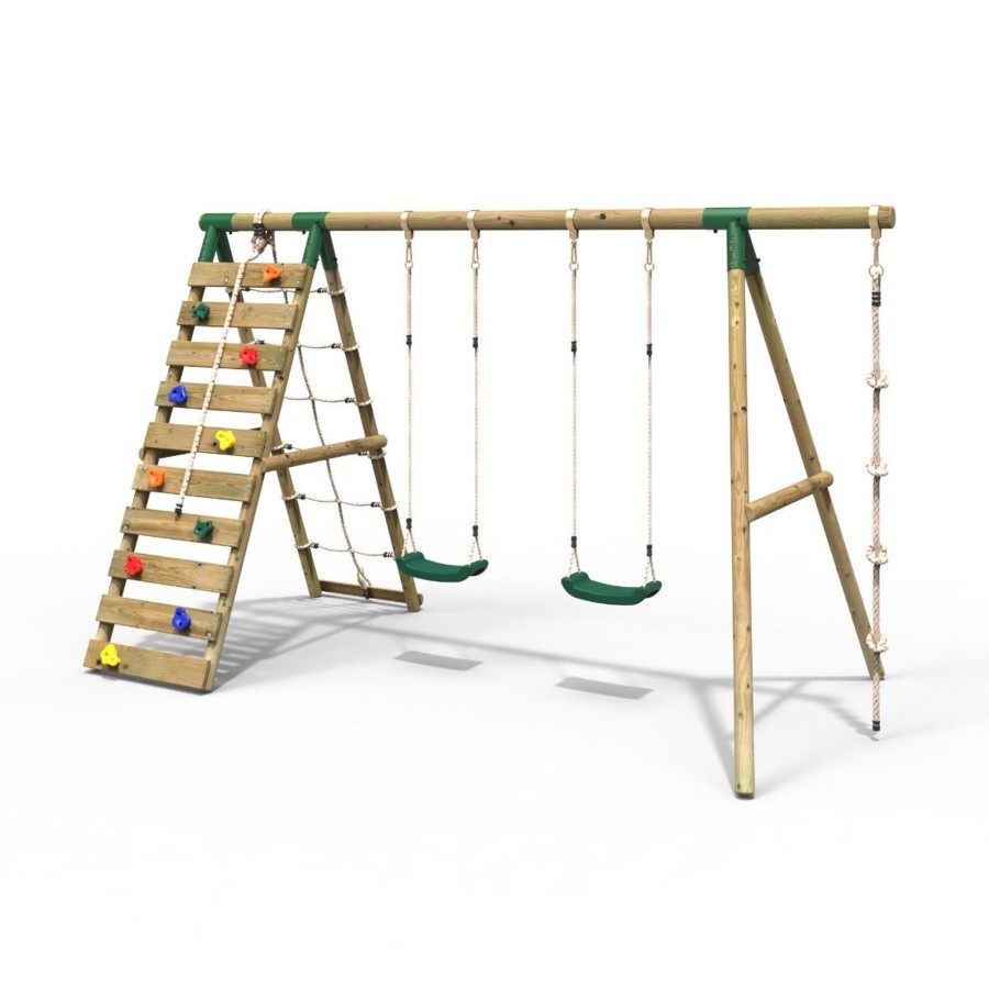 Swings OutdoorToys Wooden Swings | Rebo Wooden Swing Set With Up And Over Climbing Wall - Terra Green