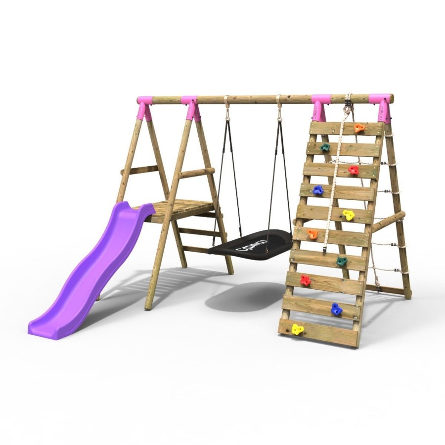 Swings OutdoorToys Wooden Swings | Rebo Wooden Swing Set With Deck And Slide Plus Up And Over Climbing Wall - Onyx Pink