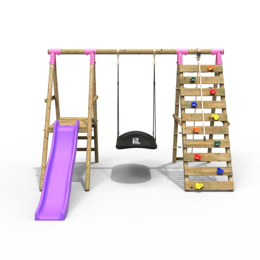 Swings OutdoorToys Wooden Swings | Rebo Wooden Swing Set With Deck And Slide Plus Up And Over Climbing Wall - Onyx Pink