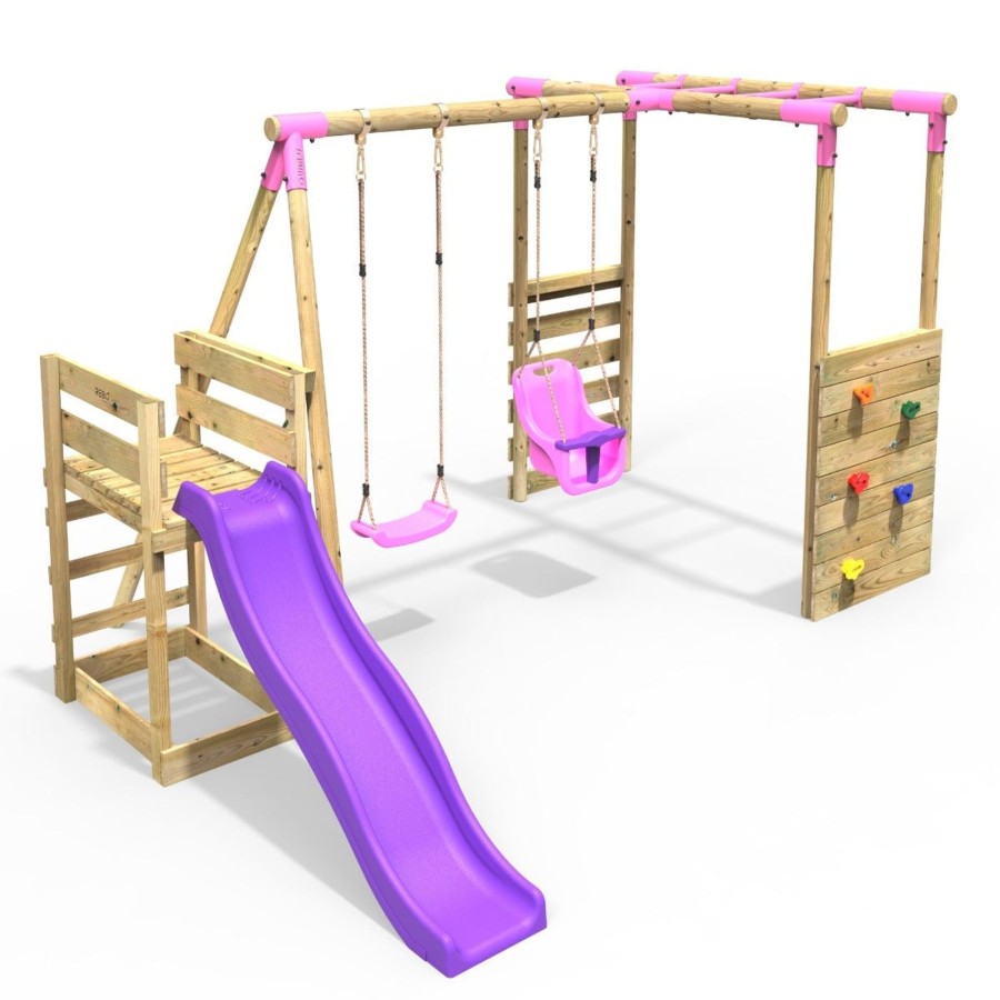 Swings OutdoorToys Wooden Swings | Rebo Wooden Swing Set With Monkey Bars Plus Deck & 6Ft Slide - Luna Pink