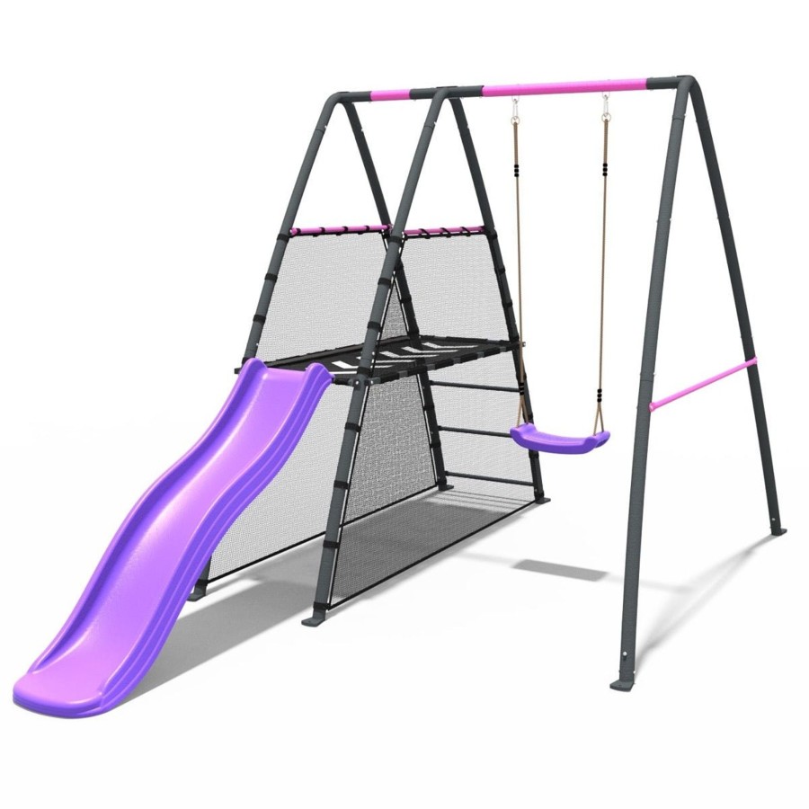 Swings OutdoorToys Metal Swing Sets | Rebo Steel Series Metal Swing Set With Slide Platform & 6Ft Slide - Single Pink