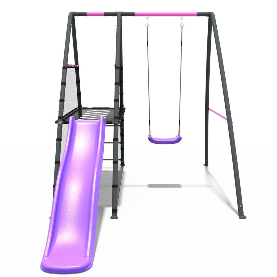 Swings OutdoorToys Metal Swing Sets | Rebo Steel Series Metal Swing Set With Slide Platform & 6Ft Slide - Single Pink