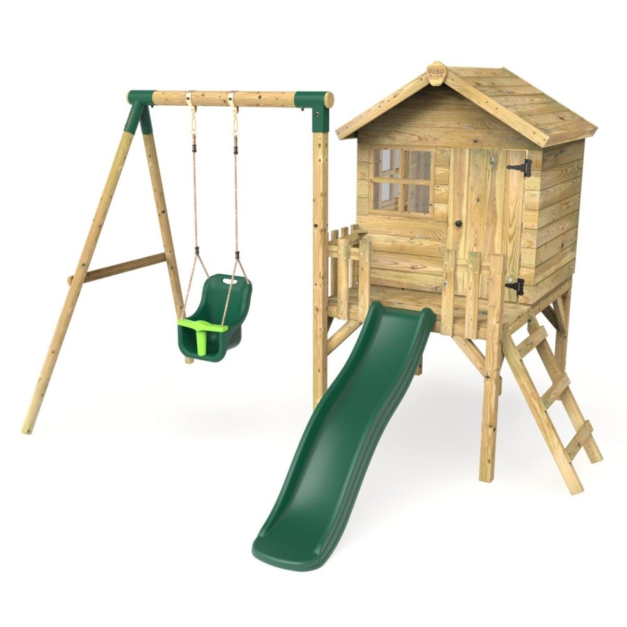 Playhouses OutdoorToys Playhouses With Slides And Swings | Rebo Orchard 4Ft X 4Ft Wooden Playhouse + Swings, 900Mm Deck & 6Ft Slide - Pluto Green