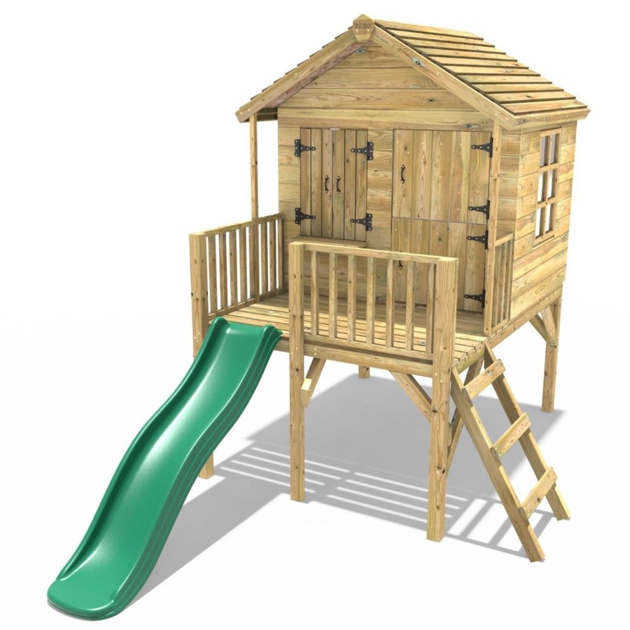 Playhouses OutdoorToys Playhouses With Slides | Rebo 5Ft X 5Ft Childrens Wooden Garden Playhouse On Deck With 6Ft Slide - Nightingale Green