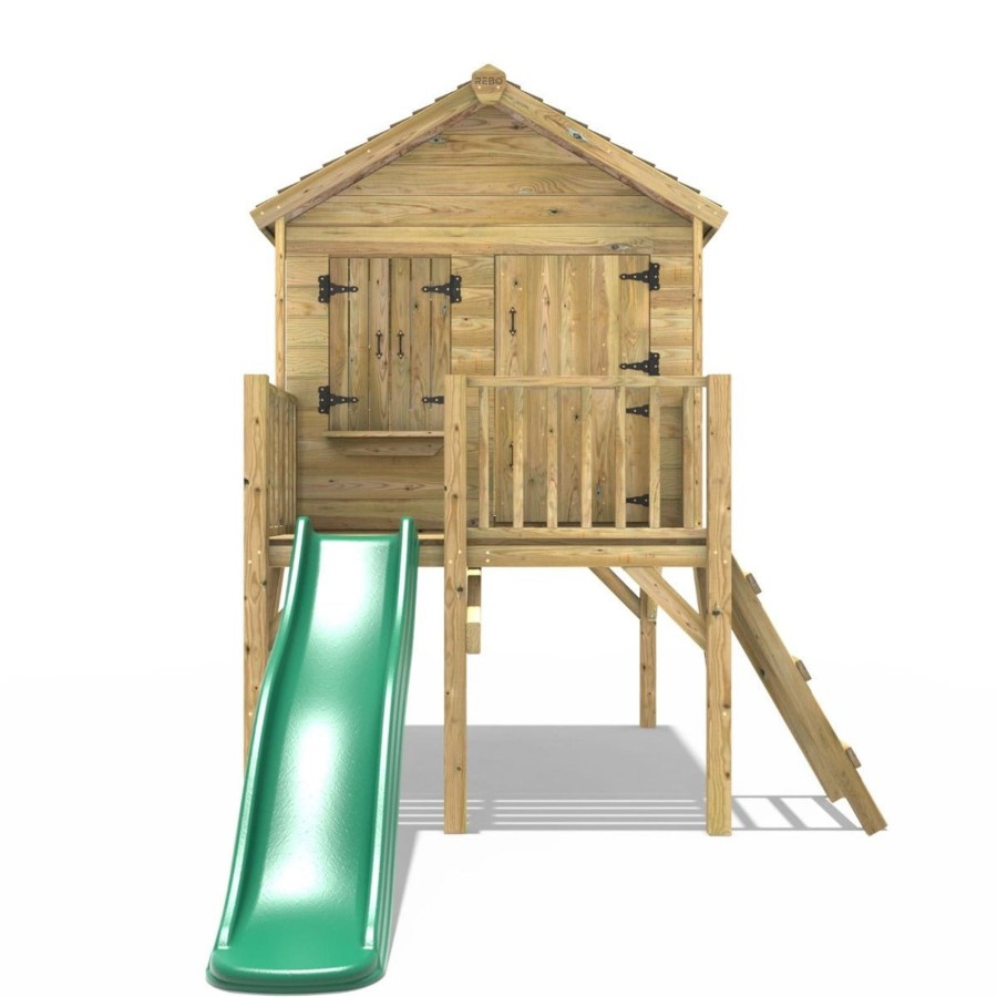 Playhouses OutdoorToys Playhouses With Slides | Rebo 5Ft X 5Ft Childrens Wooden Garden Playhouse On Deck With 6Ft Slide - Nightingale Green