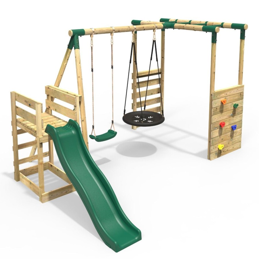 Swings OutdoorToys Wooden Swings | Rebo Wooden Swing Set With Monkey Bars Plus Deck & 6Ft Slide - Satellite Green