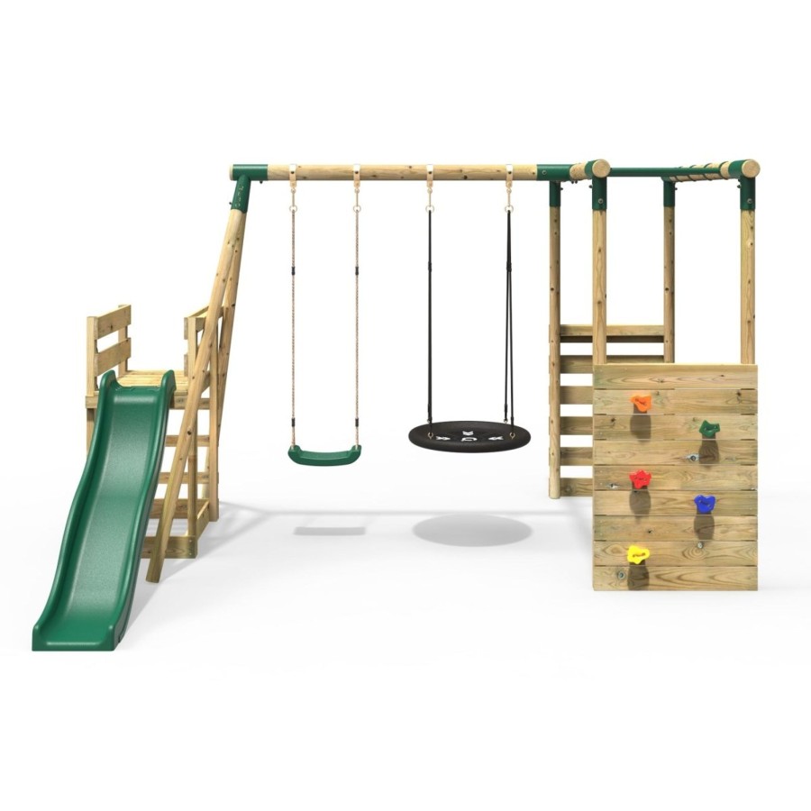 Swings OutdoorToys Wooden Swings | Rebo Wooden Swing Set With Monkey Bars Plus Deck & 6Ft Slide - Satellite Green