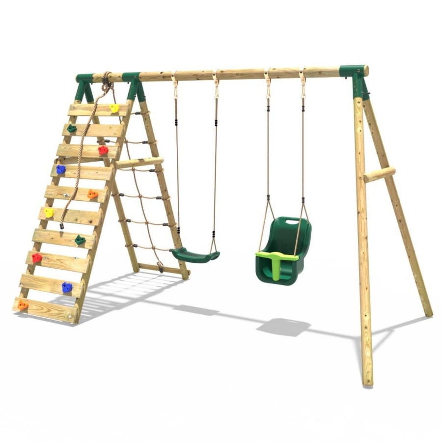 Swings OutdoorToys Wooden Swings | Rebo Wooden Swing Set With Up And Over Climbing Wall - Kai Green