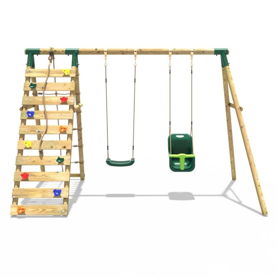 Swings OutdoorToys Wooden Swings | Rebo Wooden Swing Set With Up And Over Climbing Wall - Kai Green