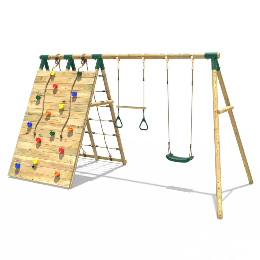 Swings OutdoorToys Wooden Swings | Rebo Beat The Wall Wooden Swing Set With Double Up & Over Climbing Wall Pinnacle