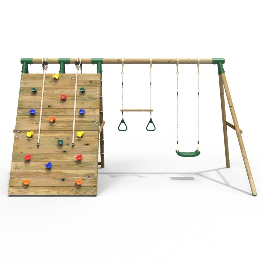 Swings OutdoorToys Wooden Swings | Rebo Beat The Wall Wooden Swing Set With Double Up & Over Climbing Wall Pinnacle