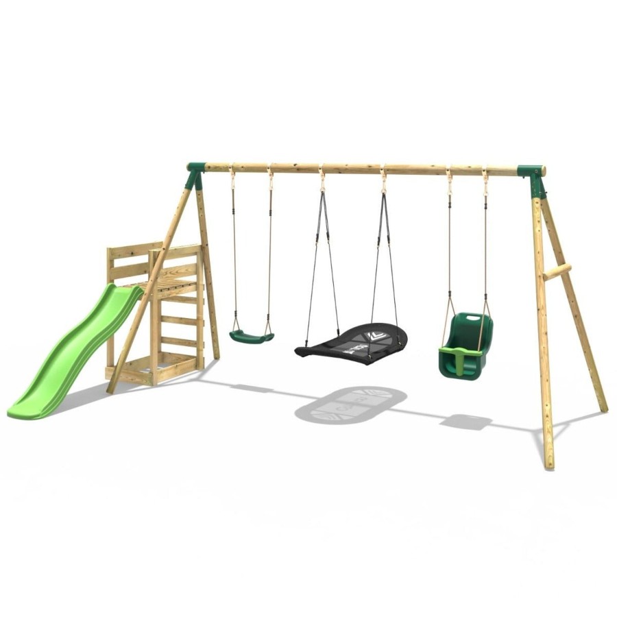 Swings OutdoorToys Wooden Swings | Rebo Wooden Swing Set Plus Deck & Slide - Halley Green