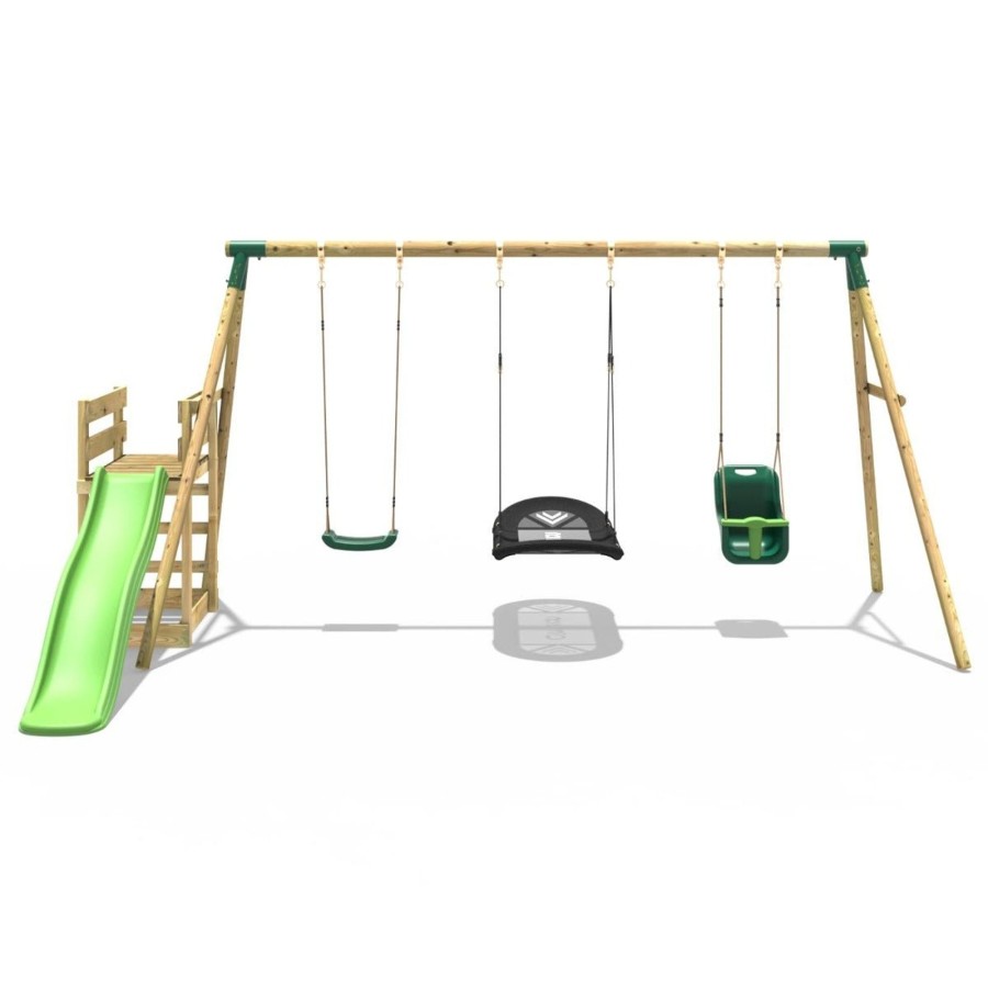 Swings OutdoorToys Wooden Swings | Rebo Wooden Swing Set Plus Deck & Slide - Halley Green