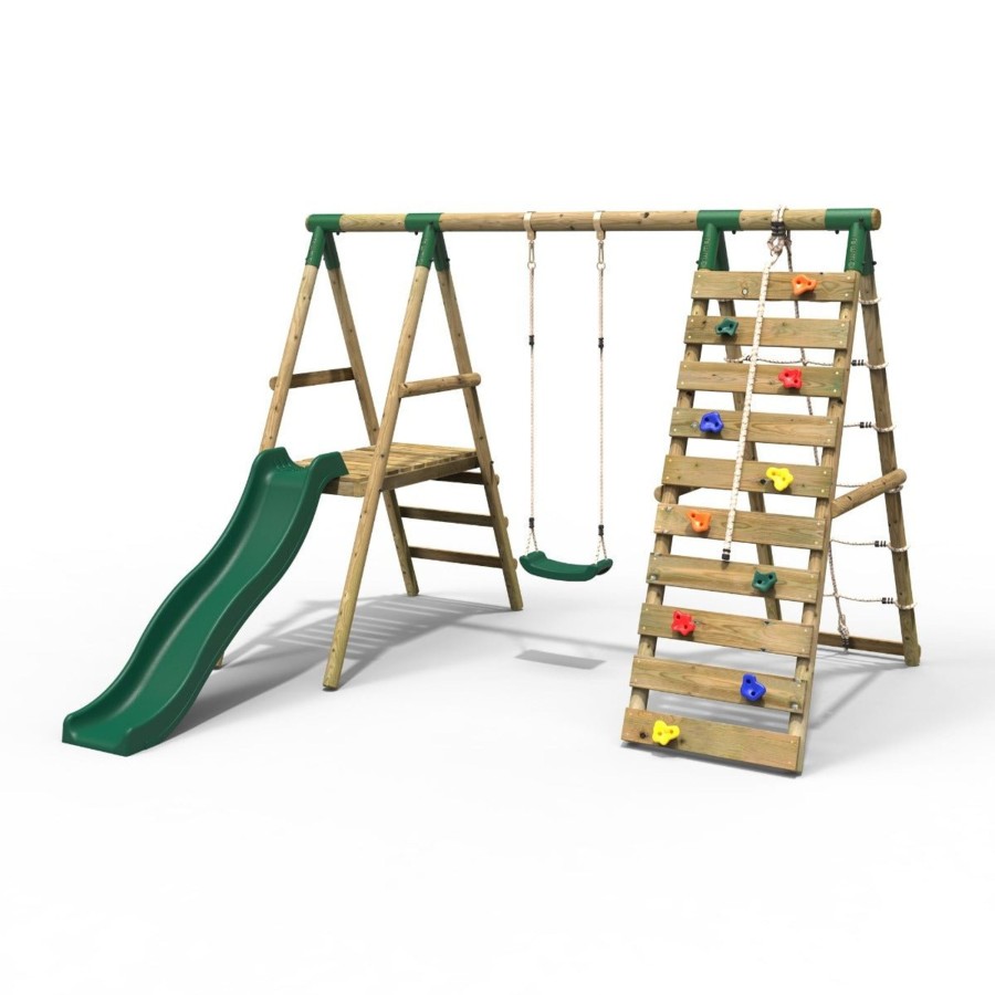 Swings OutdoorToys Wooden Swings | Rebo Wooden Swing Set With Deck, Slide & Climbing Wall - Amber Green