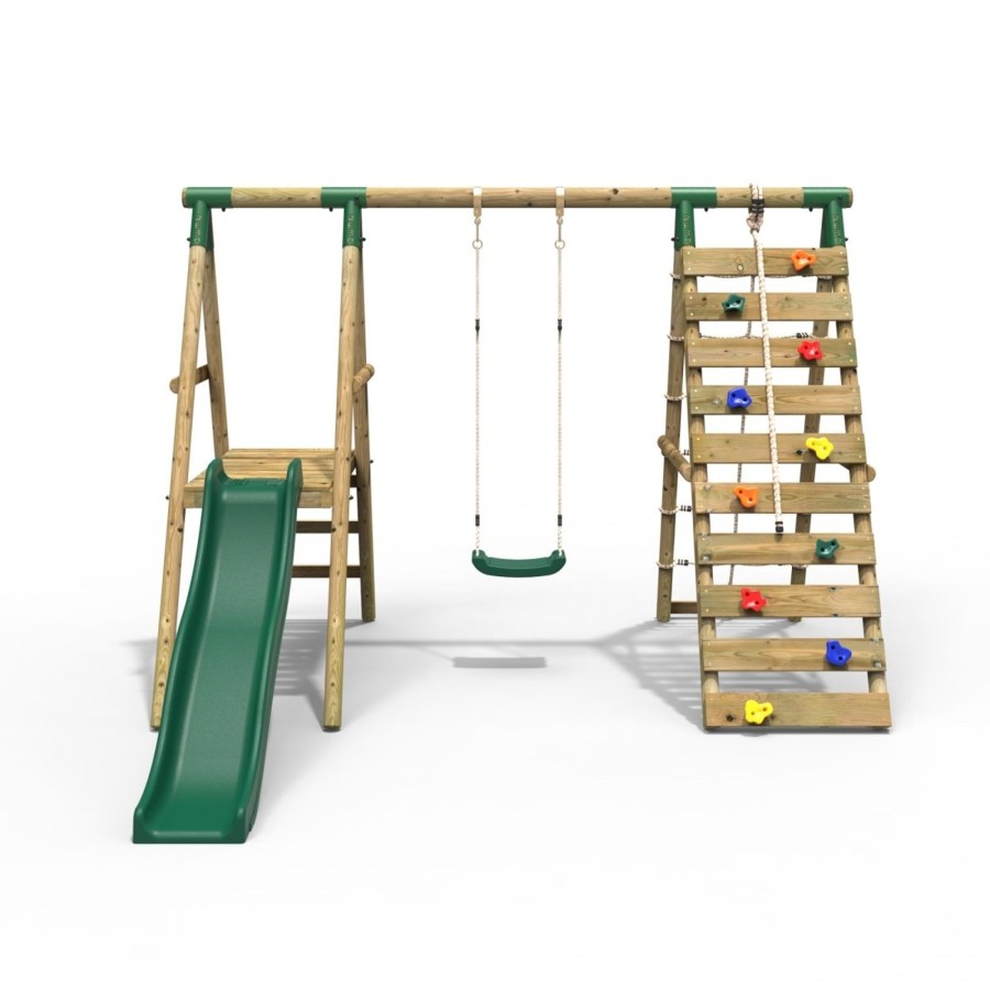 Swings OutdoorToys Wooden Swings | Rebo Wooden Swing Set With Deck, Slide & Climbing Wall - Amber Green